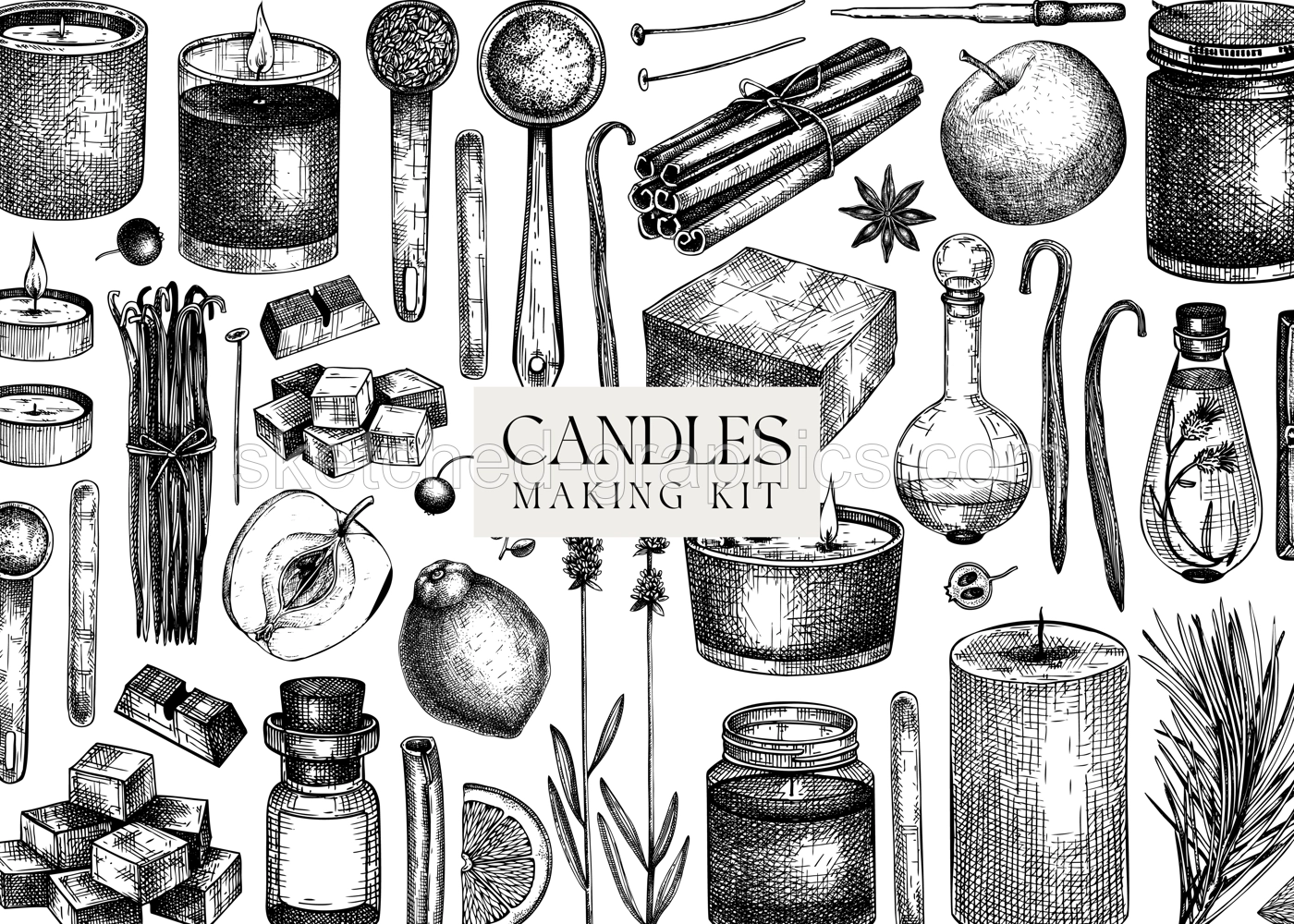 Hand sketched candles ingredients banner. Vintage candles, herbs, wax, fruits, spices, skewers hand drawings background. Natural frame perfect for aromatherapy, hobby, handcrafts, candle making. Illustration